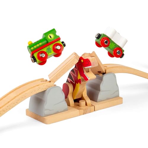 Bigjigs Rail T-Rex Bursting Bridge, Dinosaur Themed Wooden Train Accessory