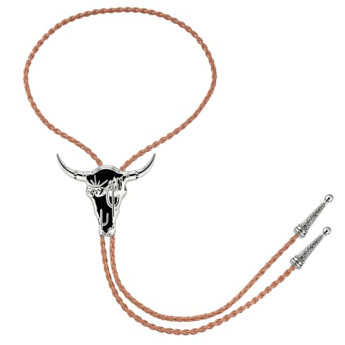 Image of GelConnie Cowboy Ties for Men Black Longhorn Cactus Western Bolo Tie Cord | Black Longhorn Cactus Bolo Tie with Enamel Accent, Adjustable Faux Leather Cord for Western Ties for Men and Cowboy Outfit