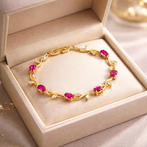 Image of H&K Jewels Tulip Bracelet with Oval Pink Ruby Crystals and Marquise White Stones, Anti-Tarnish, Tulip Collection|Anti-Tarnish & Waterproof|Korean design|Gift for GF and Wife
