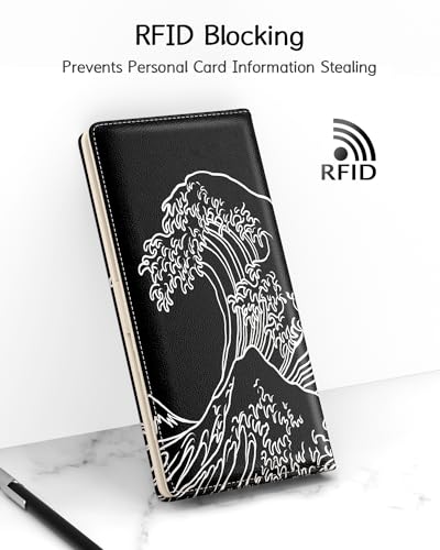 Image of Nipichsha Womens Wallet, RFID Slim Wallets for Women, Thin Ladies Credit Card Holder Purse, Cute Leather Bifold Clutch Billfold with 11 Card Slots & ID Window, Night Ocean