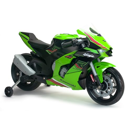Kawasaki Ninja Moto électrique pour enfant de 3 à 6 ans, 12 V, autonomie de 2 h, lumières, sons, MP3, roues de soutien, accélérateur à poignée, 6 km/h...