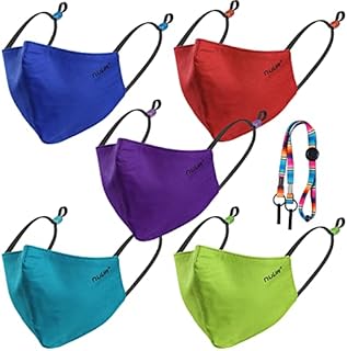 NUÜR Kids 100% Cotton Breathable Face Mask 5-Pack, Contrasting Adjustable Ear Loops, 3-Layer Protection, Soft, Machine Washable, Durable for Everyday Use
