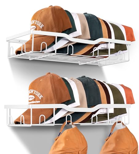 KEETDY Metal Hat Racks for Baseball Caps Wall Hat Organizer Fit 20 Caps Holder, 2 Packs Sturdy Wall Mounted Hat Storage Organizer, White