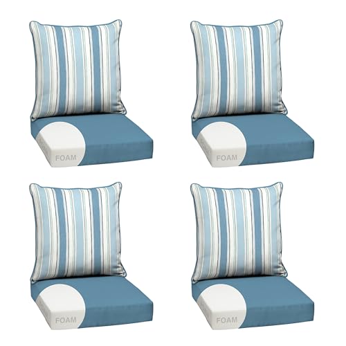 Image of Arden Outdoor Foam Deep Seat Cushion Set, 4-Pack, 24x24, Premium High-Density Foam, Never Flattens, Weather-Proof for Patio Chair Sofa Couch, French Blue Linen Stripe