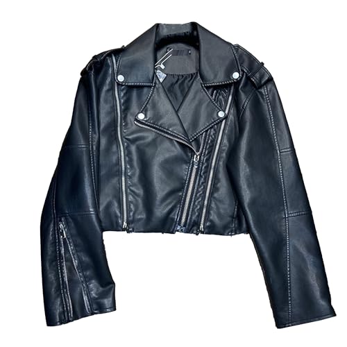 Manteau court en similicuir noir pour femme avec fermeture éclair asymétrique taille S