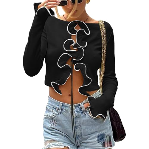 Women Y2k Ruffle Knit Tie Front Cropped Cardigan Tops Coquette Color Contrast Frilly Long Sleeve Sweater Shirts