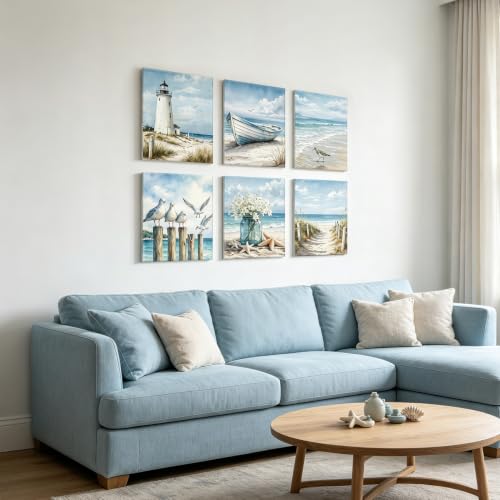 Image of CHDITB Coastal Beach Framed Canvas Wall Art, Summer Ocean Seaside Decor