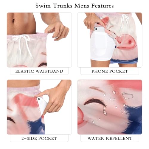 Mens Swim Trunks with Liner, Cute Pig Closeup Cool Quick Dry Beach Swim Shorts, Swimwear Bathing Suits S3