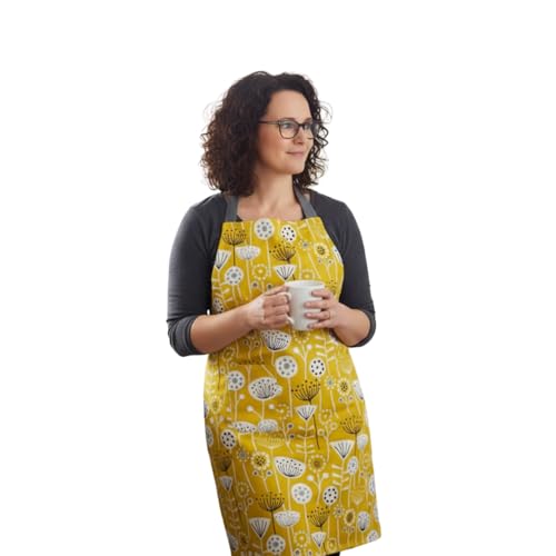 Image of Jolee... Fabrics Wipe Clean PVC Coated Aprons - 100% Cotton Oilcloth - One Size - Easy to Clean and Splash Proof Apron (Scandinavian Bergen Yellow Ochre, Adult (75cm Length))