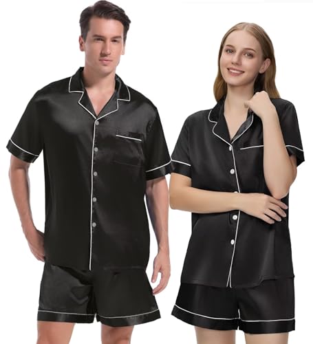 Couple Pajamas Set Men Satin Short Sleeve Sleepwear 2 Pcs Button Down Pjs Loungewear Black Medium