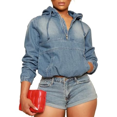 PINSV Women Half Zip Denim Hoodie Pullover Jacket Jean Sweatshirt Tops with Pockets Blue XL Cover