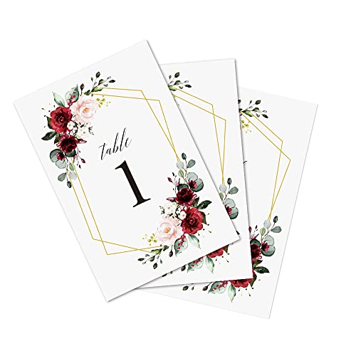 Doris Home Burgundy Wedding Table Numbers, Numbers 1-25 & Head Table Card Table Numbers, Double Sided 4x6 Floral Design, Table Numbers for Wedding Reception/Party/Event