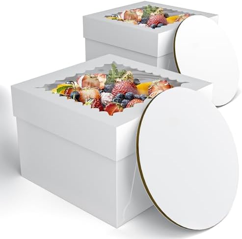 2 Pack 10 Inch Cake Box with Window and Board for Baking Moms – Disposable White Cake Packaging for Party Gifting, Event Display, and At-Home Bakers Inspired by Pinterest and Subscribed (10 * 10 * 8)