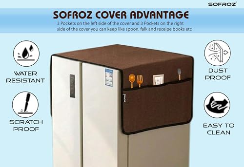 Image of Refrigerator Double Door Waterproof, Dustproof, Protective Cover for Fridges with Extra Storage Space Nylon Top Cover with 6 Storage Pockets (170 x 65 cm) (Brown)