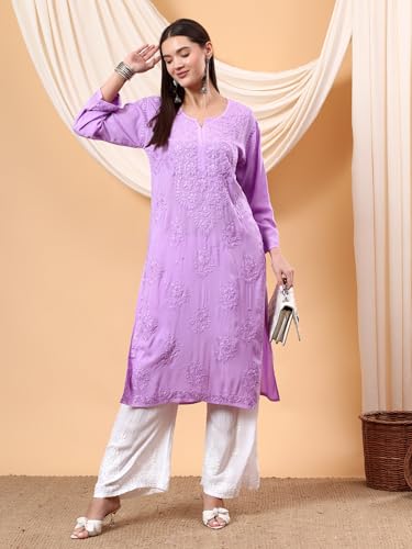 Image of POSHAK CHIKAN STUDIO Women's Hand Embroidered Lucknowi Chikankari Modal Straight Long Kurta, heer