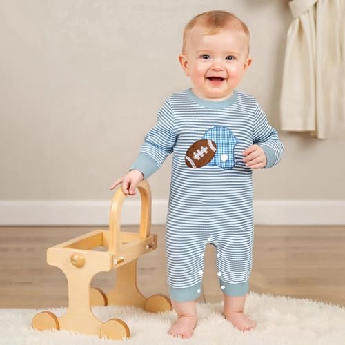 Karuedoo Newborn Baby Boy Girl Football Outfit Rugby Embroidery Stripe Romper Waffle Knit Long Sleeve Jumpsuit Fall Clothes2