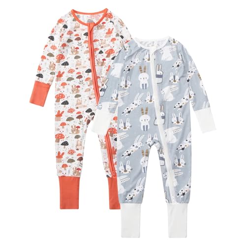 Image of OPAWO Viscose from Bamboo Onsies for Baby Girls' One-Piece Rompers with 2 Way Zipper Mittens Cuff Infant Footless Sleep 'N Play 6-12 Month
