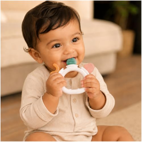 Image of Mee Mee Halo Ring Silicone Baby Teether, BPA Free, Food-Grade Silicone, BIS Certified, Rounded Edges, Freezer & Sterilizer Safe, 4+ Months (White)