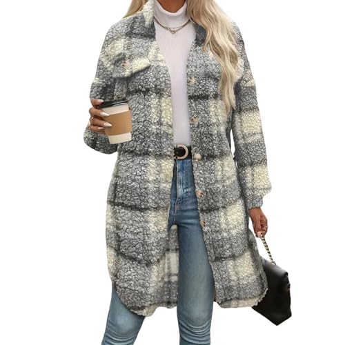Trench Coat Women Long Flannel Plaid Jacket Shacket Cozy Lapel Button Down Shirt Jackets Fuzzy Peacoat with Pockets