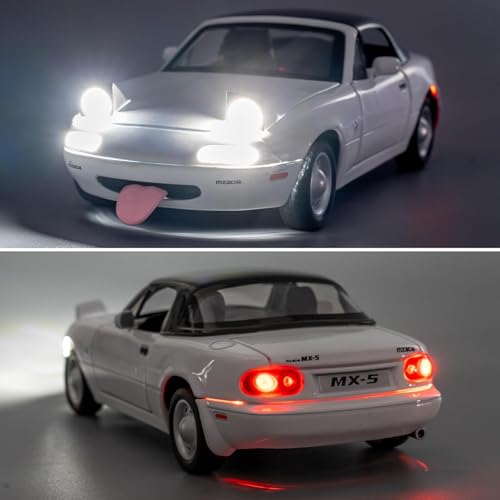 Image of 1:24 Mazda Miata MX-5 White Model Toy Car with Pullback, Removable Top, Blinking Lights with Sound and Bright Lights