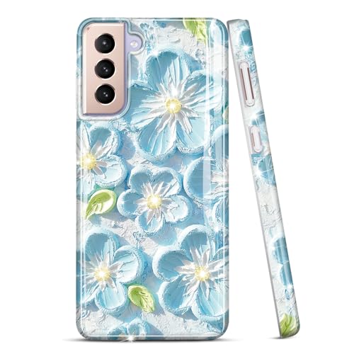 JIAXIUFEN Galaxy S21 Case Sparkle Glitter Retro Oil Painting Printed Flower Design Slim Shockproof TPU Soft Cover Phone Case for Samsung Galaxy S21 5G Mint Blue by JIAXIUFEN - Used condition - CA$3.80