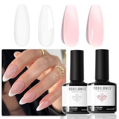 modelones French Manicure Tip Gel Polish Set 2Pcs 15ML White Jelly Pink Gel Nail Polish Kit Light Pink Milky White French Tip Nail Base Colors Soak Off LED DIY at Home Salon for Women