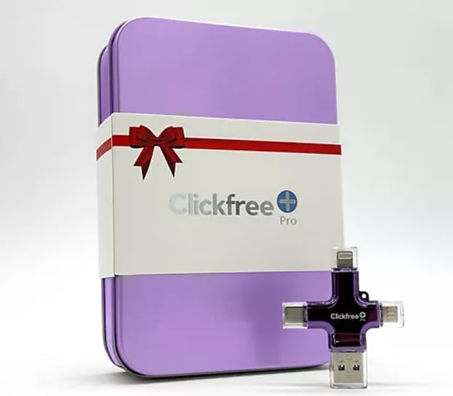 Clickfree Pro 128GB 4-in-1 Photo & Video Backup USB Flash Drive for iPhone, Android, iPad & Mac – with Matching Metal Travel Tin (Purple) - with Custom Museum Quality Poster