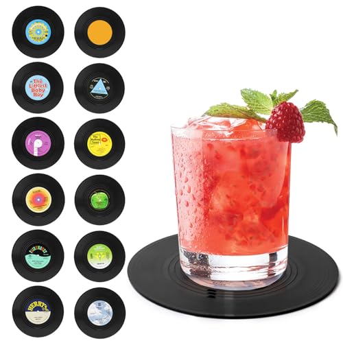 Lot de 12 Dessous de Verre, UKOFEW sous Verre pour Disque Vinyle, Différents Modèles sous Bock, Antidérapant Coaster, Style Rétro, Dessous de Verre Lavable pour Boissons, Tasses, Bar, Verre