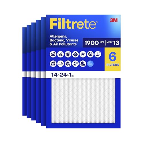 Image of Filtrete 14x24x1 Air Filter, MERV 13 MPR 1900, Allergens, Bacteria, Viruses & Air Pollutants, 3-Month AC /Furnace Filters, Cleaner Air Reliable Airflow, 6 HVAC Filters(Act Size 13.81x23.81x0.78 in)