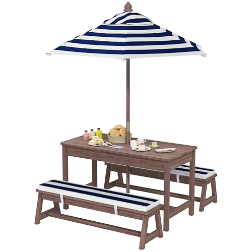 AIYAPLAY Ensemble Salon de Jardin extérieur Enfant, Table Pique-Nique Enfant avec bancs, Coussins et Parasol Amovible, pour Jardin, pelouse, Camping, rayé Bleu Marine...