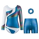 Gymnastikanzug-Set für tanzende Mädchen – Langarm- und ärmellose Trikots mit Shorts und Stirnband, glitzernde Ballett-Tanz-Unitards in Farbverlauf, Gymnastik-Outfit, Geschenk für 5–14 jährige Mädchen