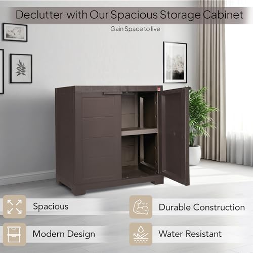 Image of Cello Novelty Compact Bookshelf, Ice Brown | 2 Dustproof Doors | Space Saving Cupboard | Plastic Book Shelf | Multipurpose Book Shelf for Home, Office | Book Organizer for Library