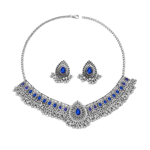 Retro Indian Traditional Jewellery Set For Women Bridal Wedding Party Antique Silver Oxidized Ethnic Prom Wear Statement Necklace Earring Tassel Bollywood Choker Punk Crystal Fashion Gift (Blue)