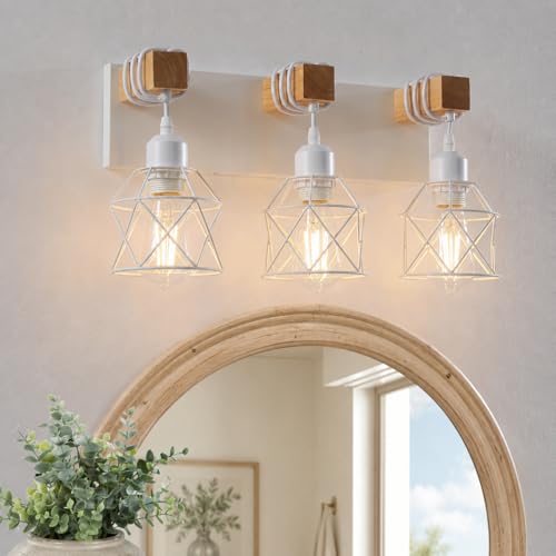 Image of Farmhouse Vanity Light Fixture,3-Light Bathroom Lighting,White Modern Wood Wall Light Over Mirror with Metal Shade,Bulbs NOT Included