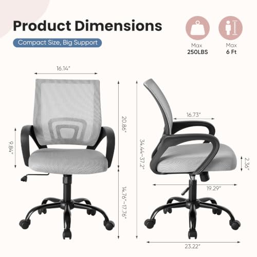 Image of DUMOS Ergonomic Home Office Chair, Executive Mesh Desk Chair, 2 Pack | Height Adjustable, Lumbar Support, Breathable Mid Backrest, Fixed Armrest, Rolling Wheels, Computer Gaming, Meeting, Gray