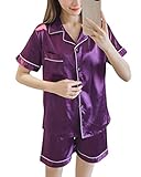  ORANDESIGNE Printemps Été Femmes Ensemble Pyjama en Satin Manche Courte Vêtements de Nuit 2 Pièces Col-V Top Bouton et Pantalon Violet FR 44