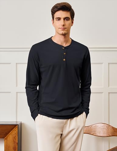 Cotrasen Mens Henley Shirts Cotton Long Sleeve Shirts 3 Button Tops Fashion Casual Basic Tee3