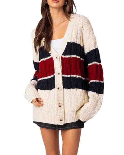 Women's Preppy Cardigan V Neck Long Sleeve Sweater Button Down Fall Casual Soft Knit Jacket