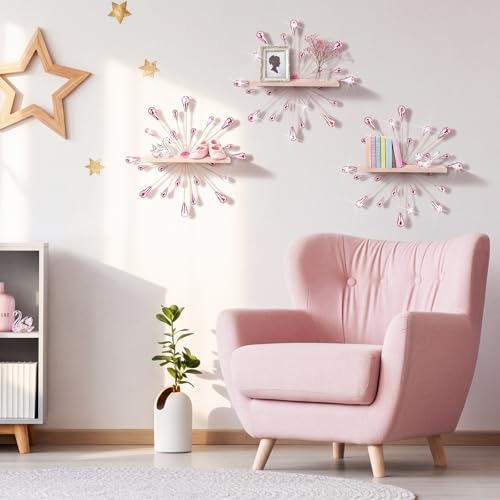 Image of Yaocom 3 Pcs Bling Crystal Floating Shelves Metal Starbursts Wall Decor Folding Shelf Pink Corner Shelves Hanging Wall Mounted for Storage Bedroom Bathroom Living Room Kitchen Office Home Decoration