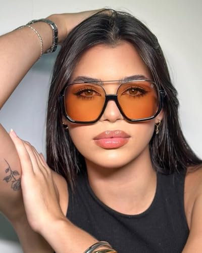 Image of GUVIVI Retro Oversized Aviator Sunglasses for Women Men Square Double Bridge Pilot Sun Glasses 70s Trendy Shades