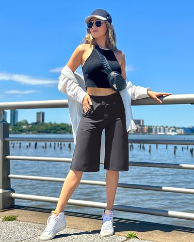 Image of G4Free Capri Pants for Women 14 inch Knee Length Wide Leg Yoga Capris Dressy Casual Summer Crop Pants with Pockets