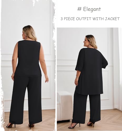 Hanna Nikole Plus Size Mother of The Bride Pant Suits 3 Piece Chiffon Sets Wedding Guest Gowns Formal Outfits with Jacket3