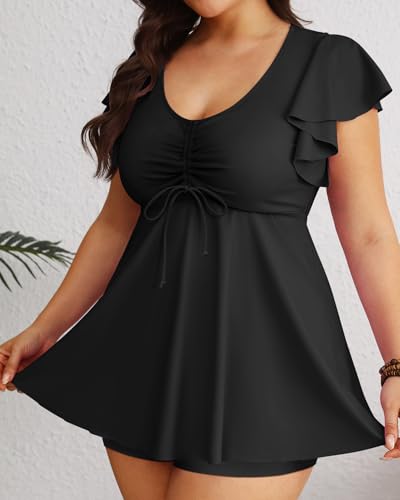 Plus Size Tankini Swimsuits - Women Two Piece Bathing Suit with Shorts Swimwear Ruffle Sleeve 20254