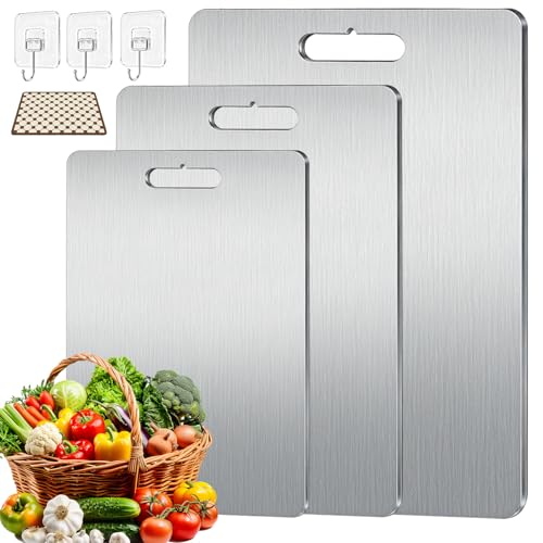Lista de Conjuntos de tablas para picar - 5 favoritos. 48 VIOPY 3 Piezas Tabla Para Picar Acero Inoxidable 304(Auténtico), Tablas Para Picar Cocina con Alfombrilla Antideslizante(40x30cm) y 3 Ganchos, Titanium Cutting Board, Tabla Para...