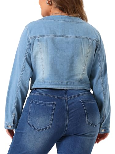Agnes Orinda Plus Size Denim Jackets for Women Collarless Chest Pockets Button Down Crop Jean Jackets4