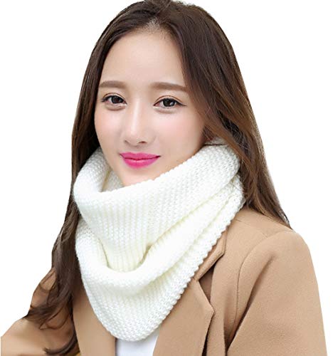 YONKINY Écharpe d'hiver en Tricot Femme Chaud Écharpe Tube Cercle Collier Foulard Couleur Unie Cache-col Tricoté Écharpe Bouclée Cache-Cou (Blanc)
