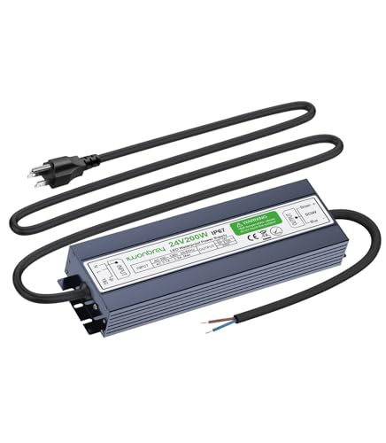 Image of LED Driver 200 Watts 24V DC Low Voltage Transformer, Waterproof IP67 LED Power Supply, Adapter with 3-Prong Plug 3.3 Feet Cable for Any 24V DC led Lights, Computer Project, Outdoor Light