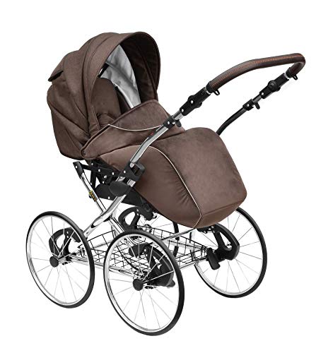 SKYLINE Klassisch Retro Stil Wicker LUX Kombi-Kinderwagen Buggy 3in1 Reise System Autositz (Isofix) (Chocolate Brown/17 "Räder)