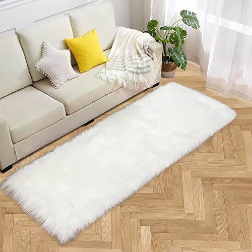 Aoczes White Faux Fur Runner Rug 2X6 Feet Fluffy Runner Rug For Bedroom Living Room Shag Rug With Washable Fuzzy Rug Runner, Rectangle #TOP2