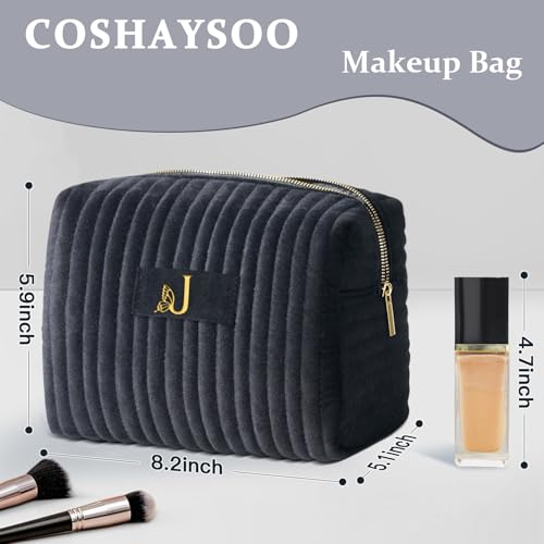 Image of COSHAYSOO Travel Makeup Bag Quilted Make Up Pouch Initial Cosmetic Case with Butterfly Decorations for Women Compact Mirror Traveling Size Beauty Tools Accessories Organizer Black Velvet Letter J